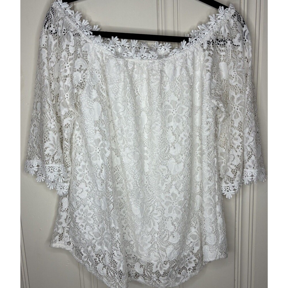 White Lace off shoulder blouse Women's S/M 3/4 sleeve boho romantic cottagecore